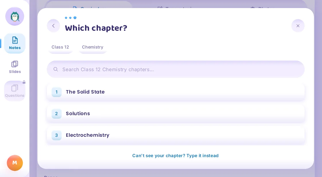 Choosing a chapter from Class 12 Chemistry in Munja AI