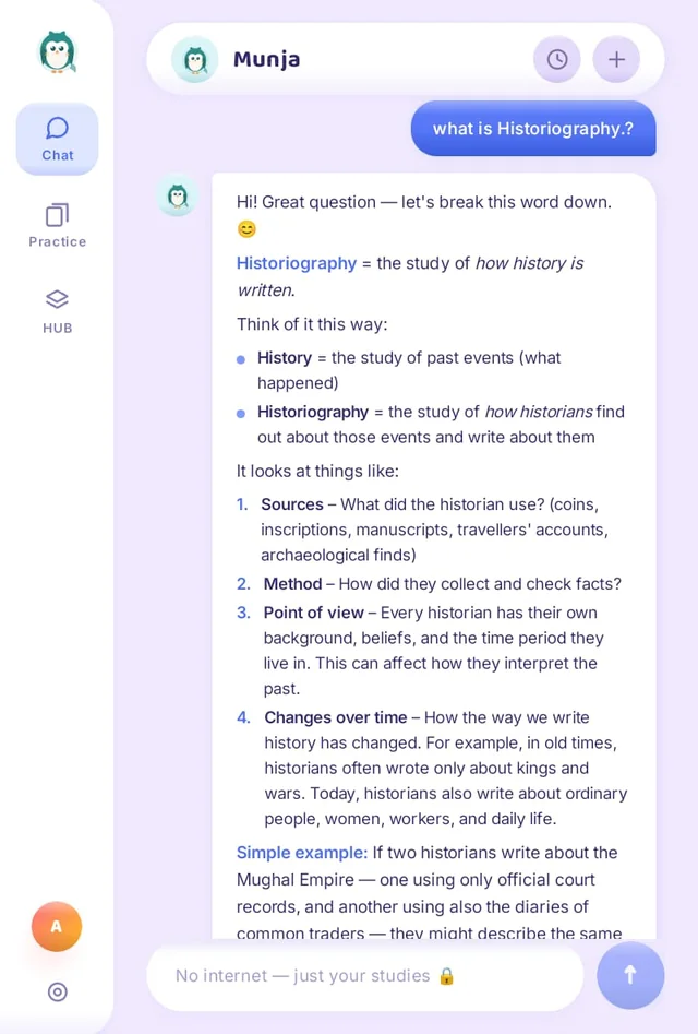 Munja AI chat answering: what is Historiography?