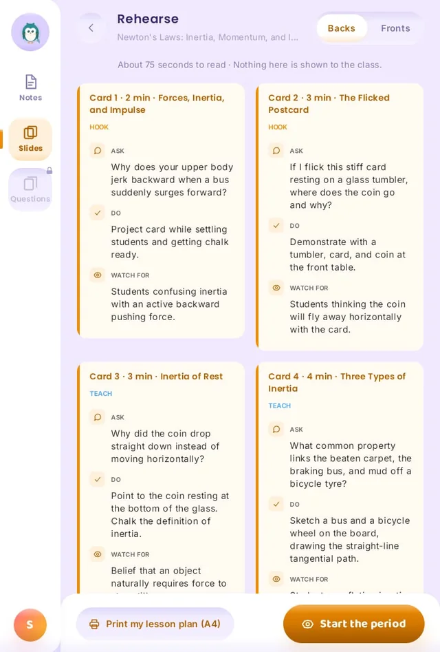 Munja AI lesson plan cards with what to ask, what to do and what to watch for