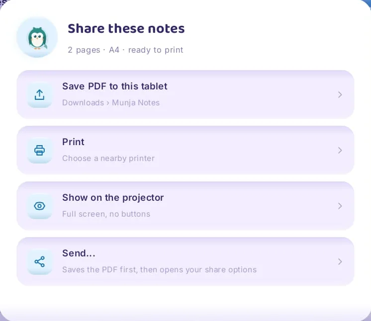 Share these notes: save as PDF, print, show on the projector or send