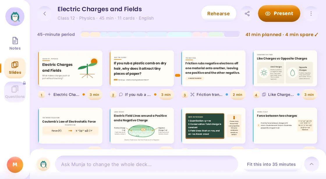 Munja AI lesson slides for Electric Charges and Fields, planned for a 45 minute period